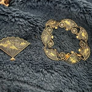 Vintage Japanese Damascene bracelet and pin
